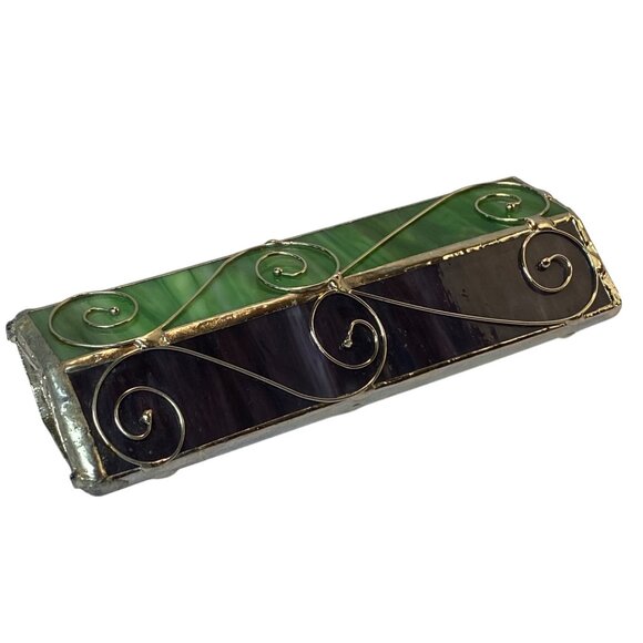 Slag Stained Glass Kaleidoscope Purple Green Art Glass Silver Swirl Accents - Picture 1 of 10